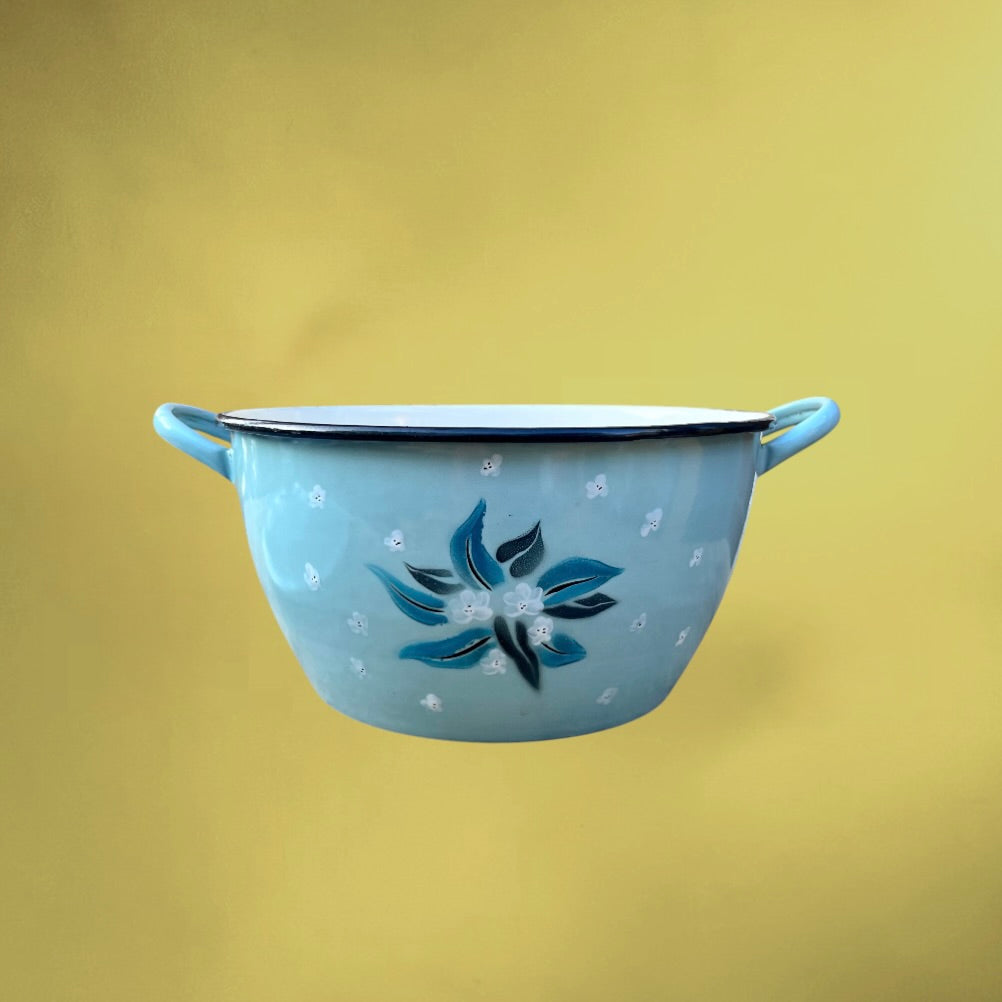 Soupière Cocotte en Tôle Émaillée Bleu Pâle Décor Floral - Années 50-60