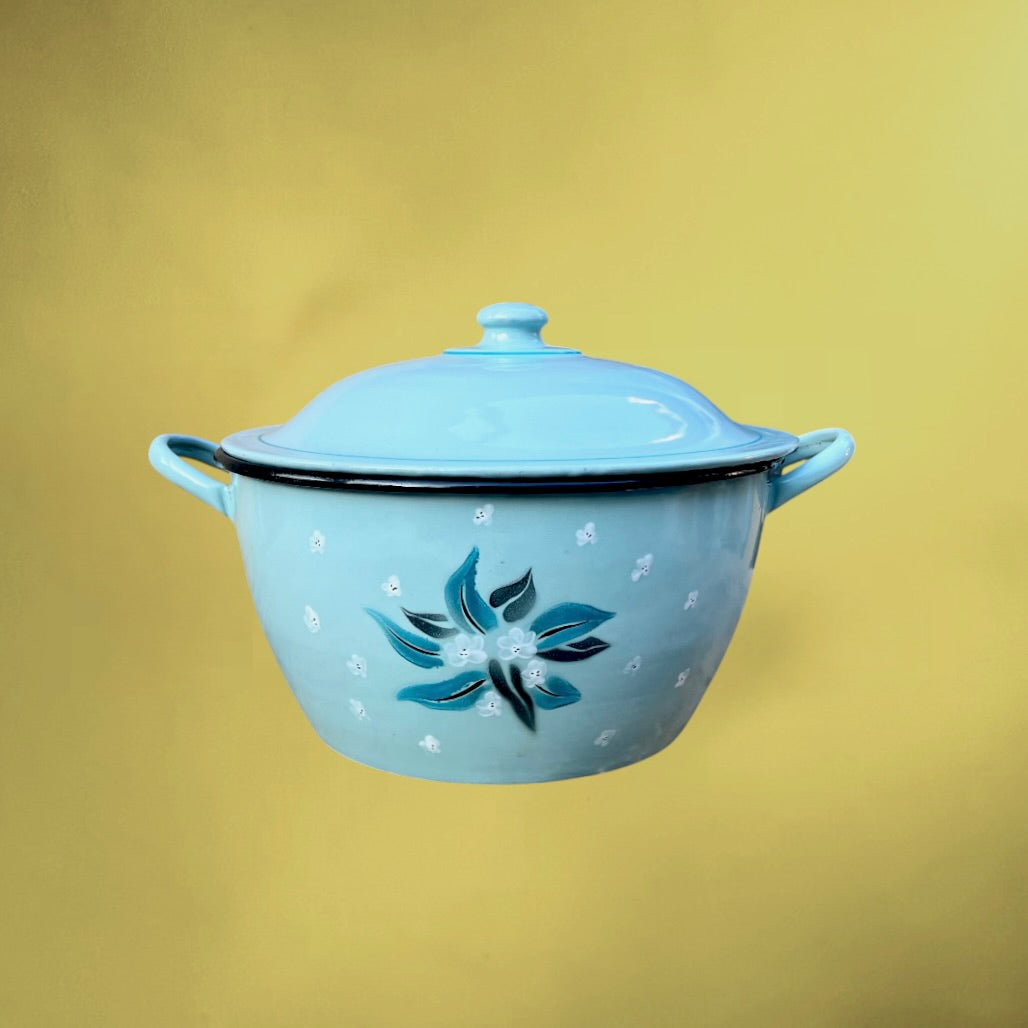 Soupière Cocotte en Tôle Émaillée Bleu Pâle Décor Floral - Années 50-60