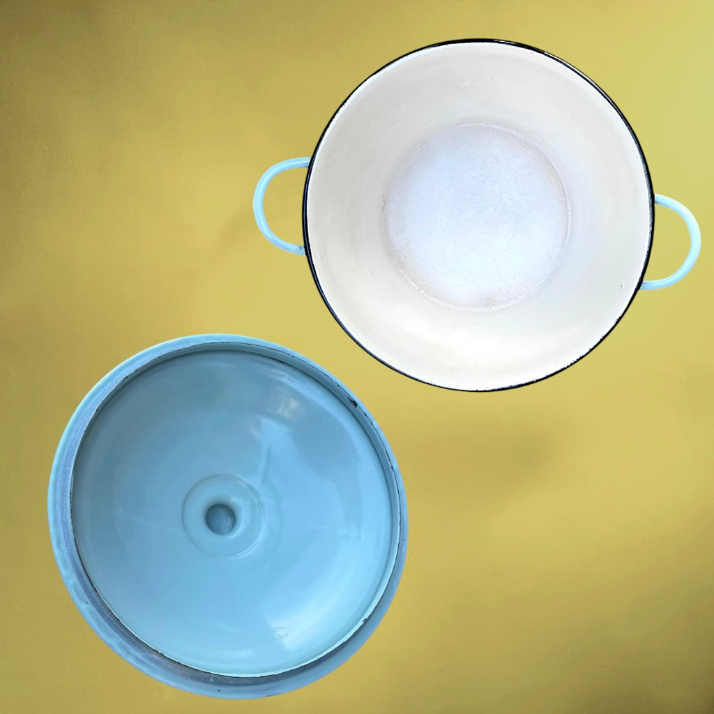 Soupière Cocotte en Tôle Émaillée Bleu Pâle Décor Floral - Années 50-60