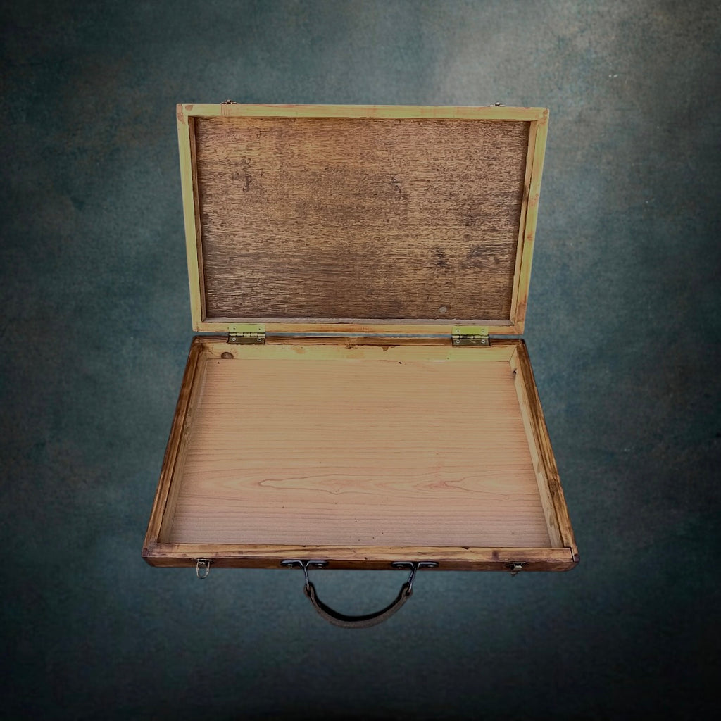 Mallette Plate Ancienne en Bois à Poignée en Cuir - Années 30-50