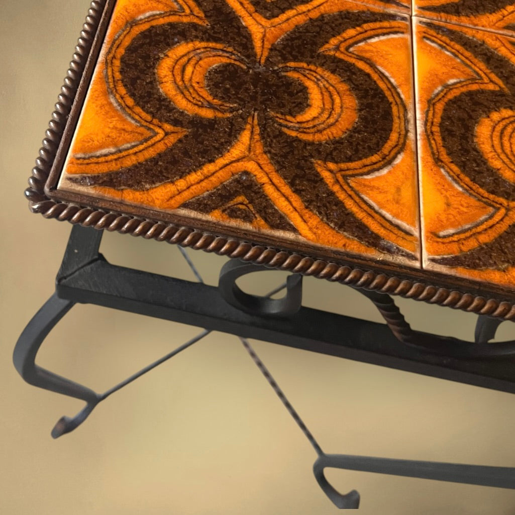 Table d’Appoint en Fer Forgé et Carreaux de Céramique Orange - Années 60-70