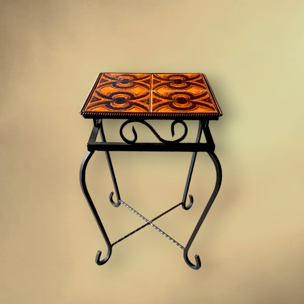 Table d’Appoint en Fer Forgé et Carreaux de Céramique Orange - Années 60-70