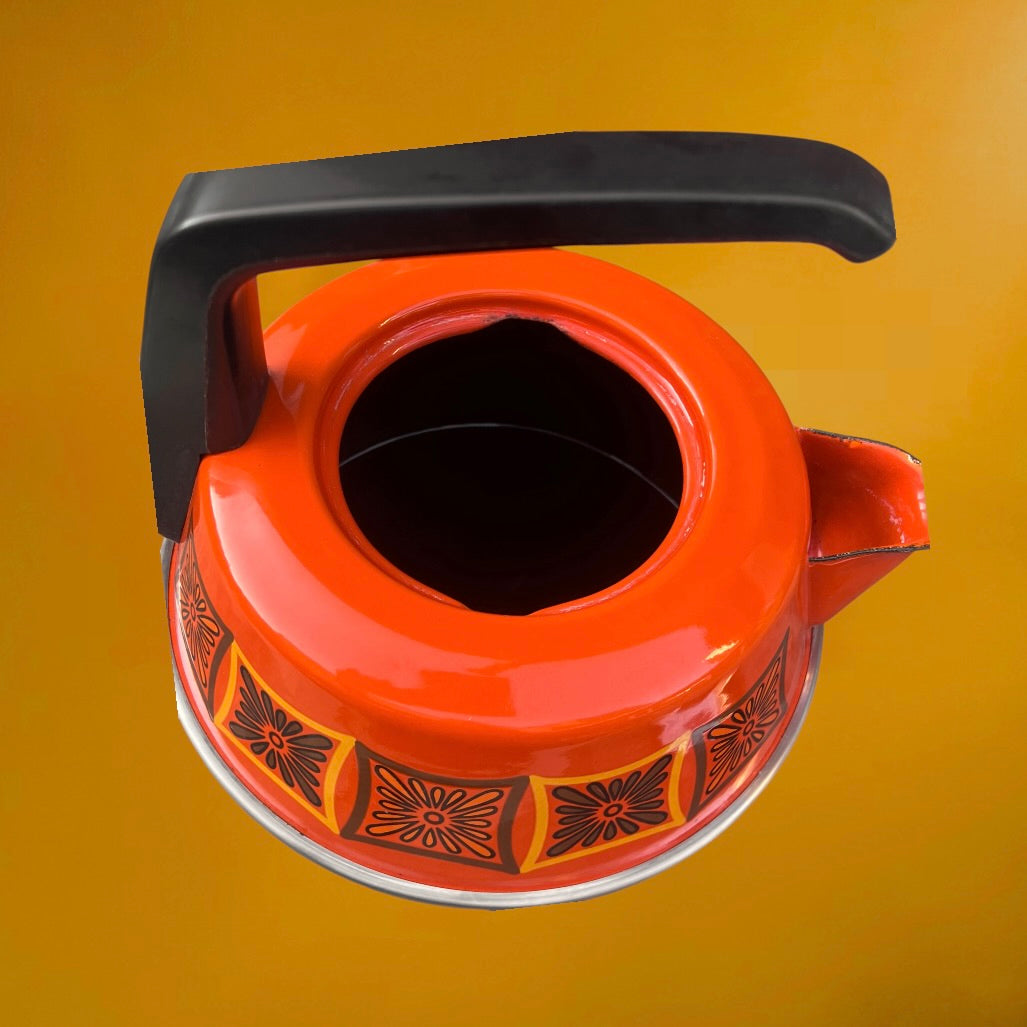 Bouilloire Vintage en Tôle Émaillée Orange à Décor Floral – Années 70