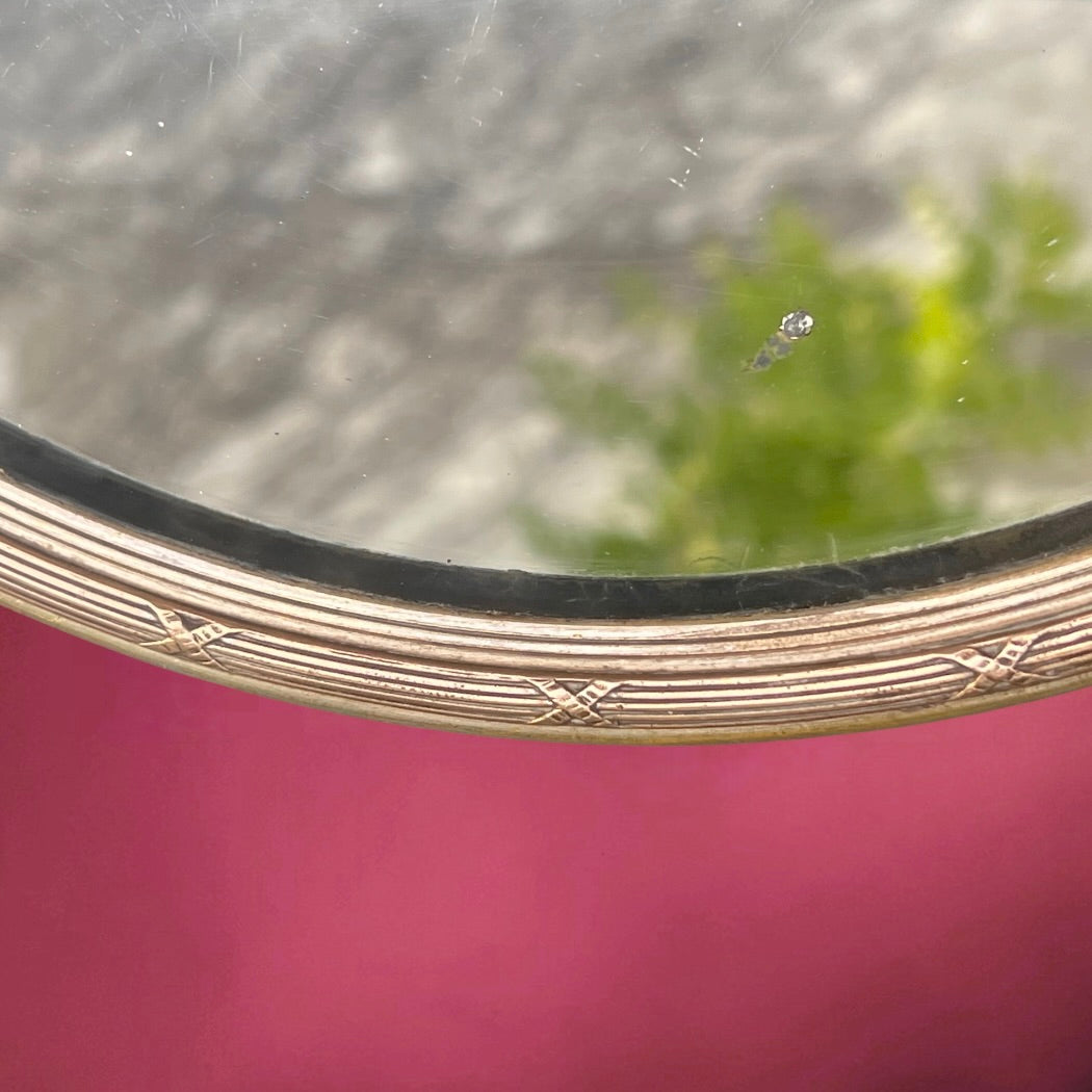 Plateau Miroir Rond Art Déco en Laiton Doré et Bois – Années 1920-1940
