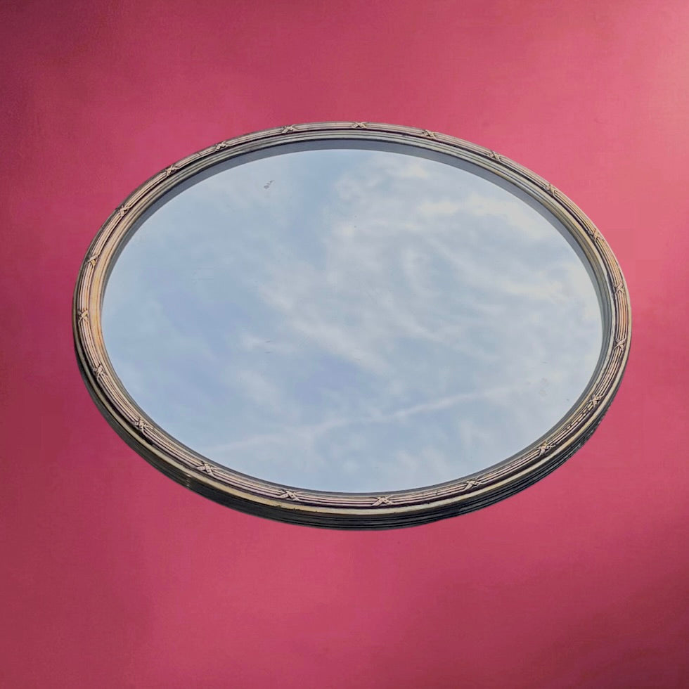 Plateau Miroir Rond Art Déco en Laiton Doré et Bois – Années 1920-1940