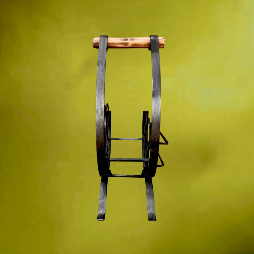 Porte-Bouteilles en Fer Forgé à Poignée en Bois pour 5 Bouteilles - Années 60-70