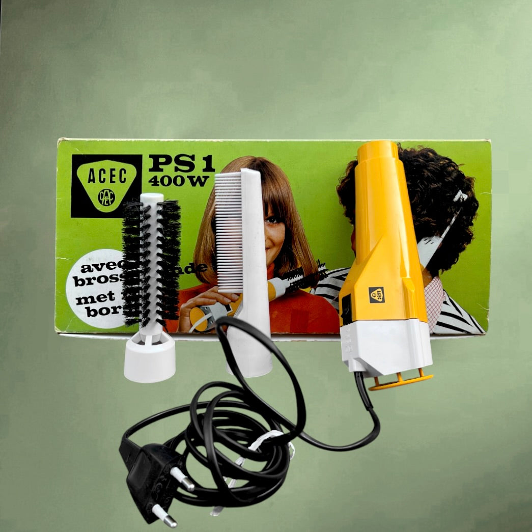 Brosse Soufflante Sèche-Cheveux ACEC PS1 400 W avec Boîte d’Origine – Années 70