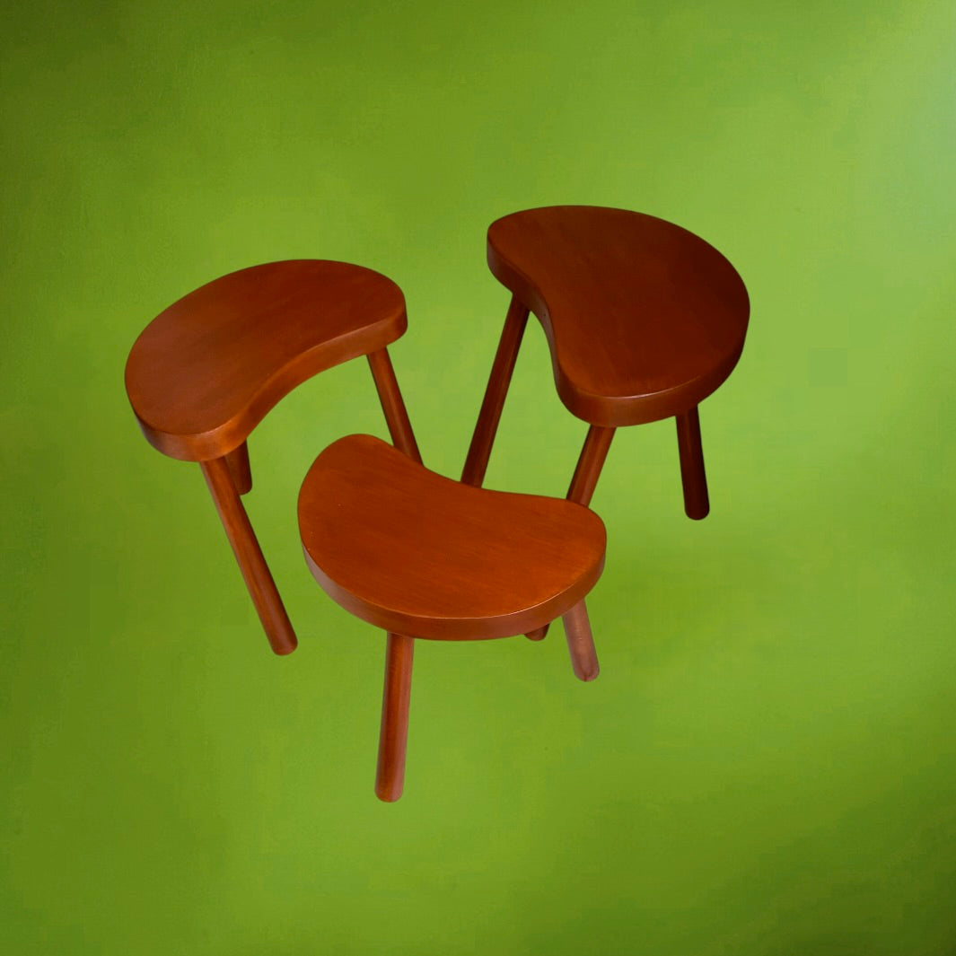 Trio de Tabourets Gigognes en Bois Lasuré Forme Haricot - Années 60-70