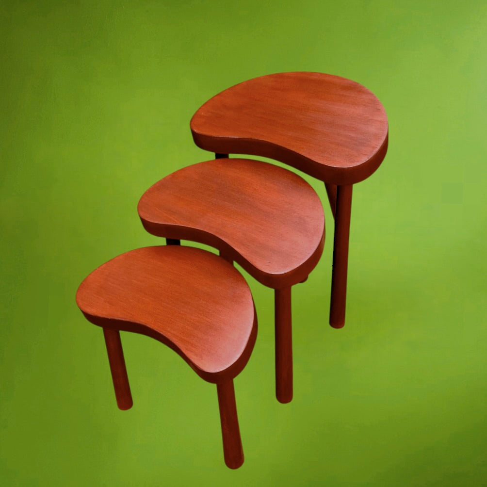 Trio de Tabourets Gigognes en Bois Lasuré Forme Haricot - Années 60-70