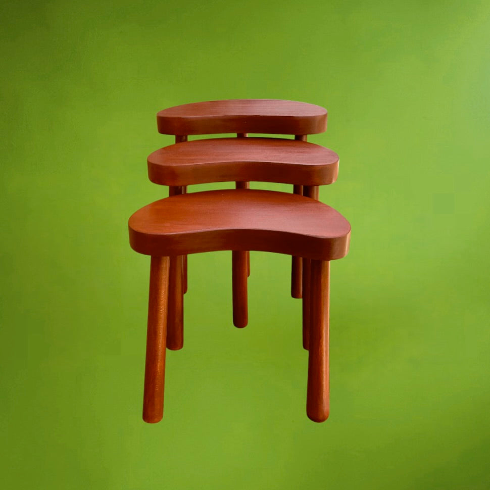 Trio de Tabourets Gigognes en Bois Lasuré Forme Haricot - Années 60-70