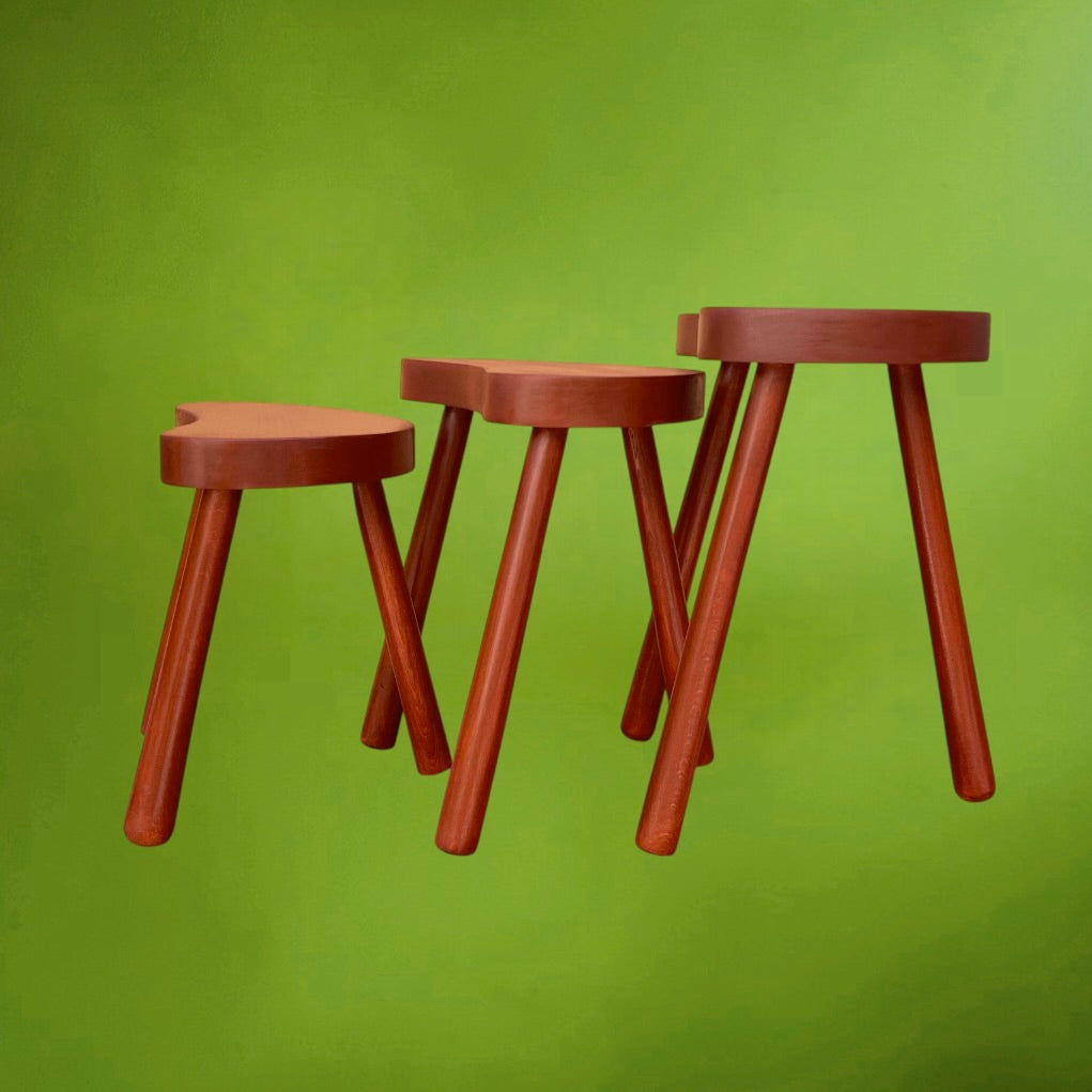 Trio de Tabourets Gigognes en Bois Lasuré Forme Haricot - Années 60-70