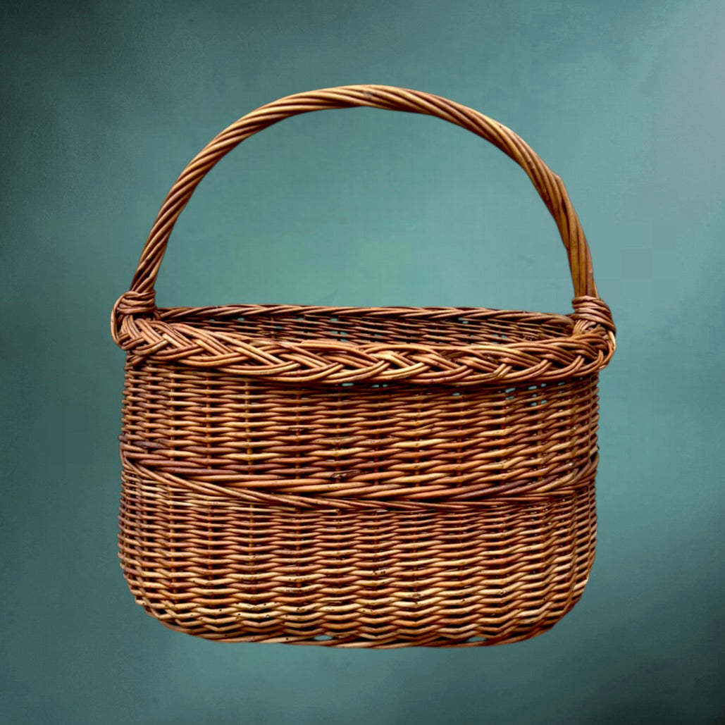 Grand Panier en Osier Tressé à Anse – Vannerie Ancienne Années 60-70