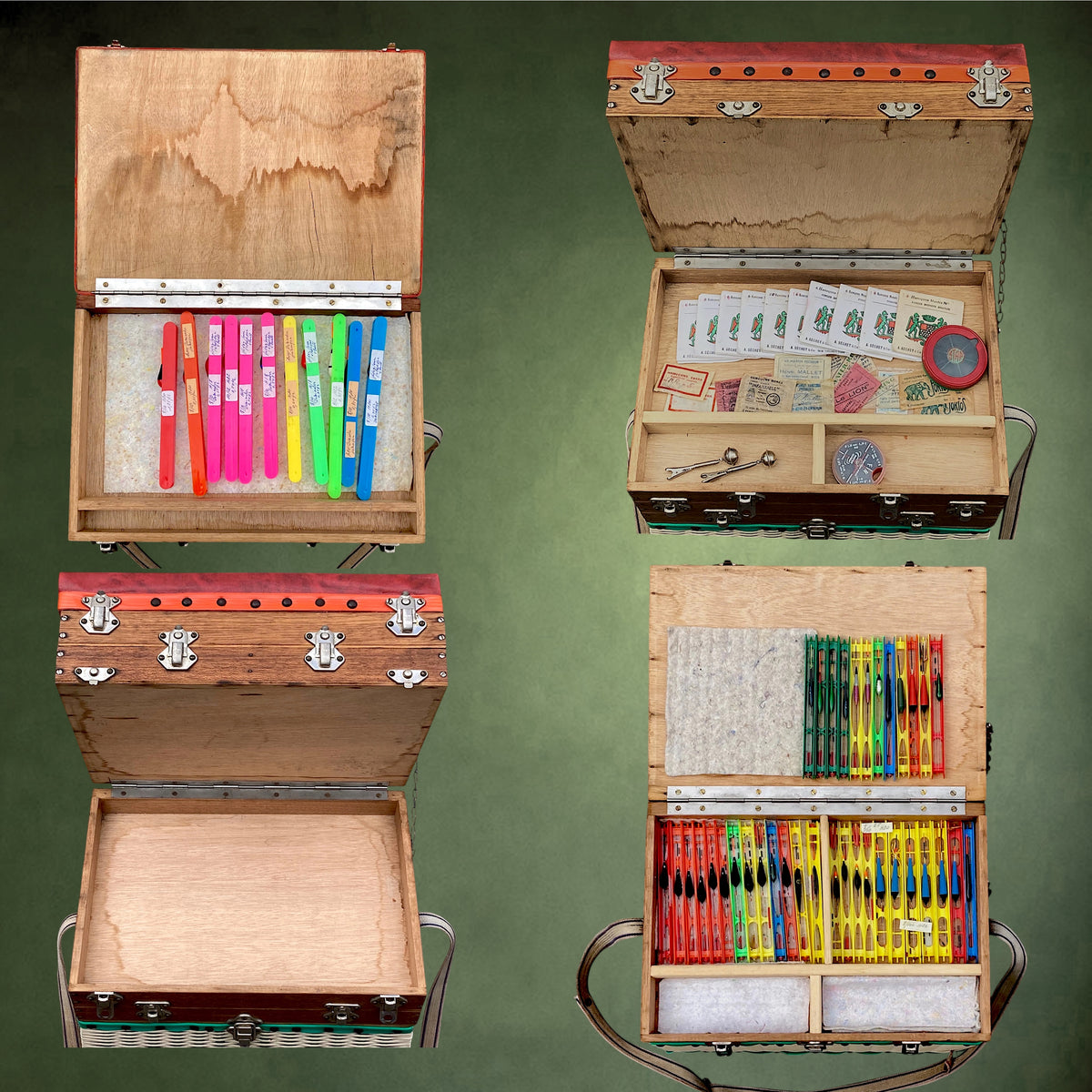 Panier-Siège de Pêche en Bois avec Matériel Ancien Complet – Années 50-60