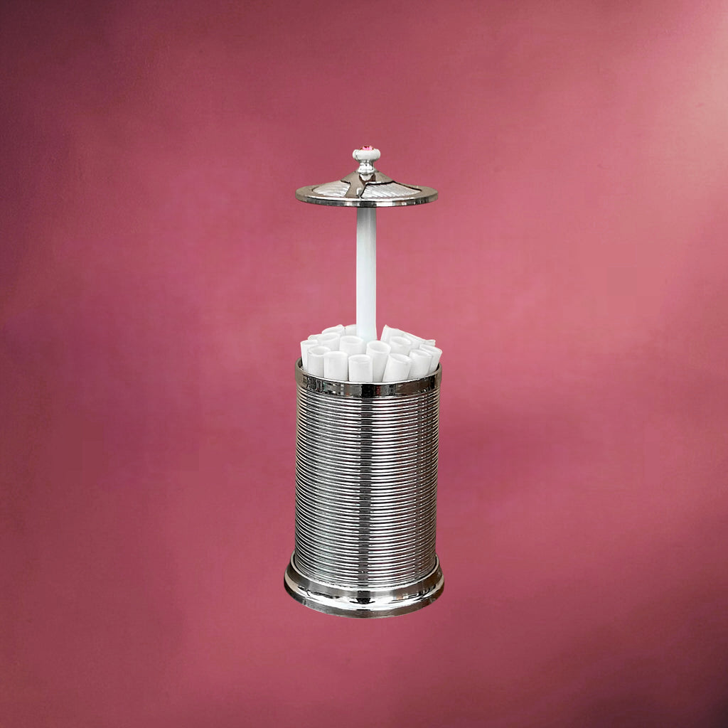 Distributeur à Cigarettes Mécanique en Métal Chromé Strié avec Strass Rose – Années 50-60