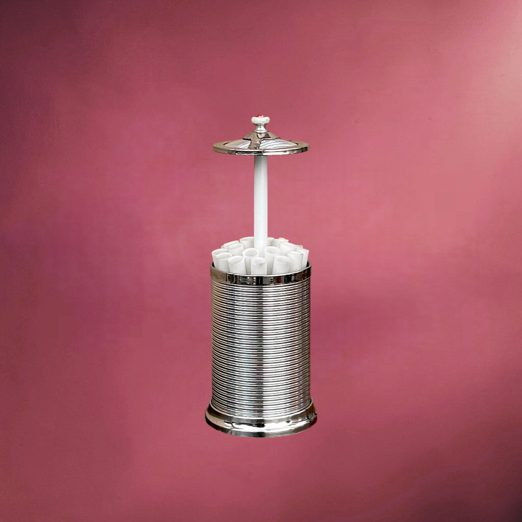 Distributeur à Cigarettes Mécanique en Métal Chromé Strié avec Strass Rose – Années 50-60