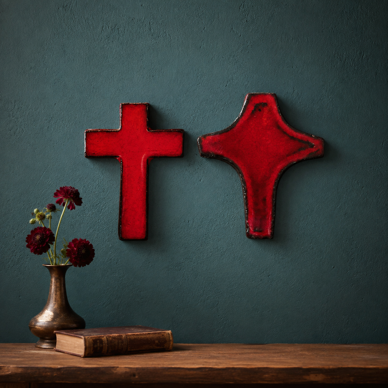 Duo de Croix Murales Modernistes en Céramique Émaillée Rouge – Années 1960-1970