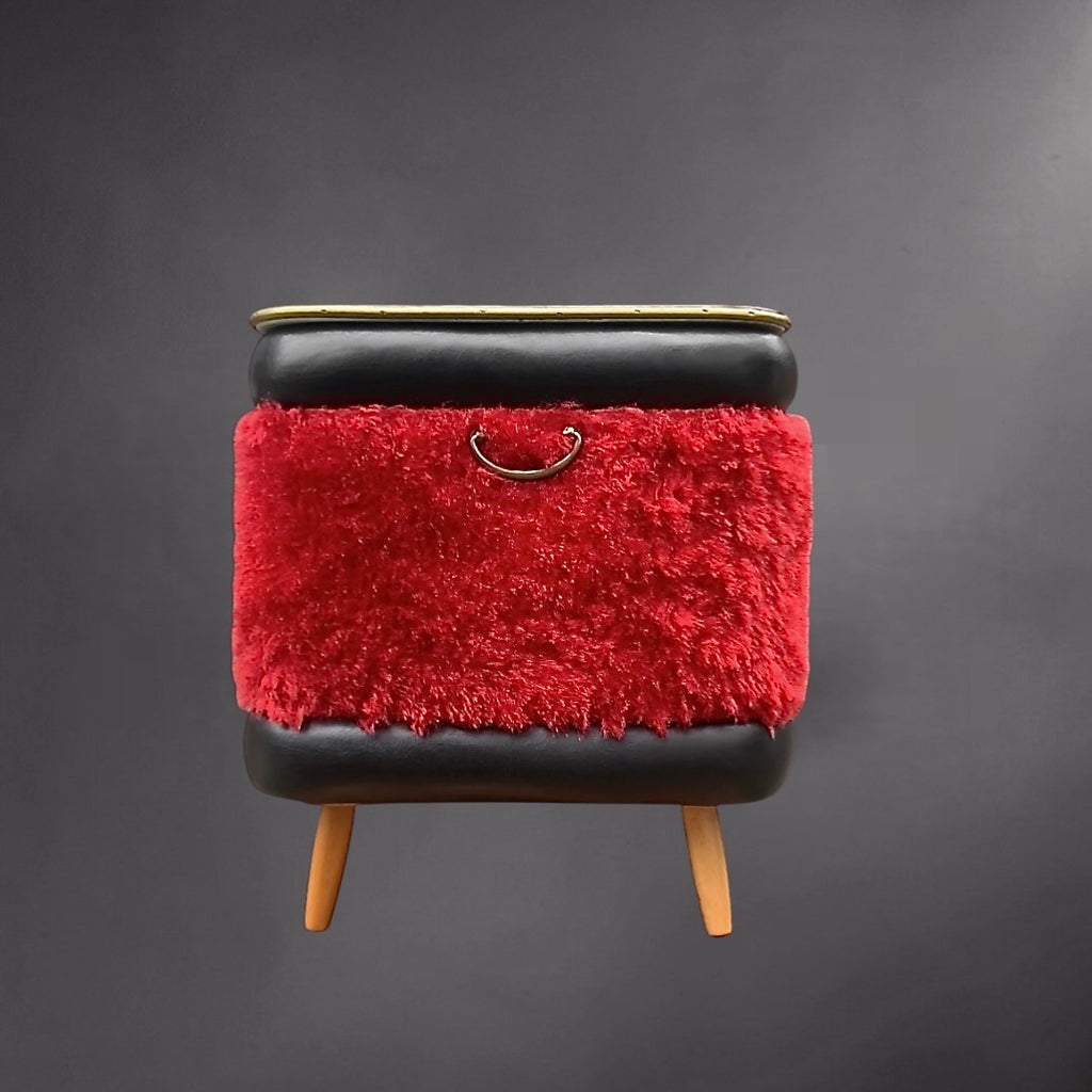 Coffre vintage moumoute rouge skaï noir pieds compas années 60 rangement