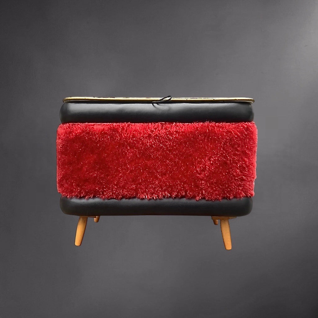 Coffre vintage moumoute rouge et skaï noir pieds compas années 60

