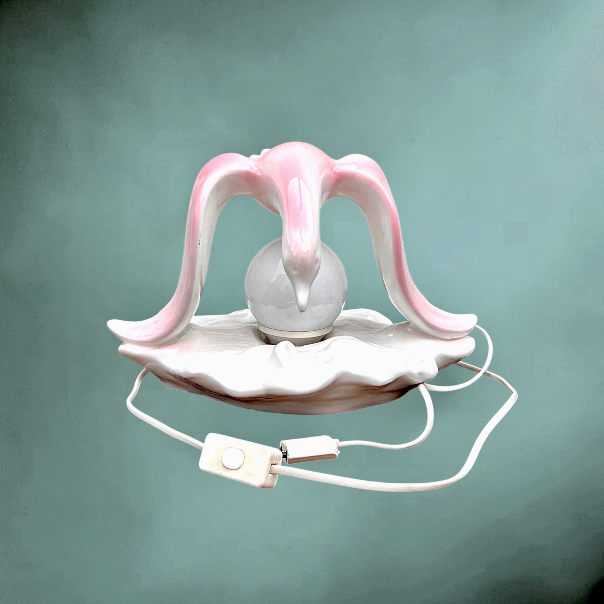 Lampe Mouette Céramique Rose Globe Opalin Années 60 70
