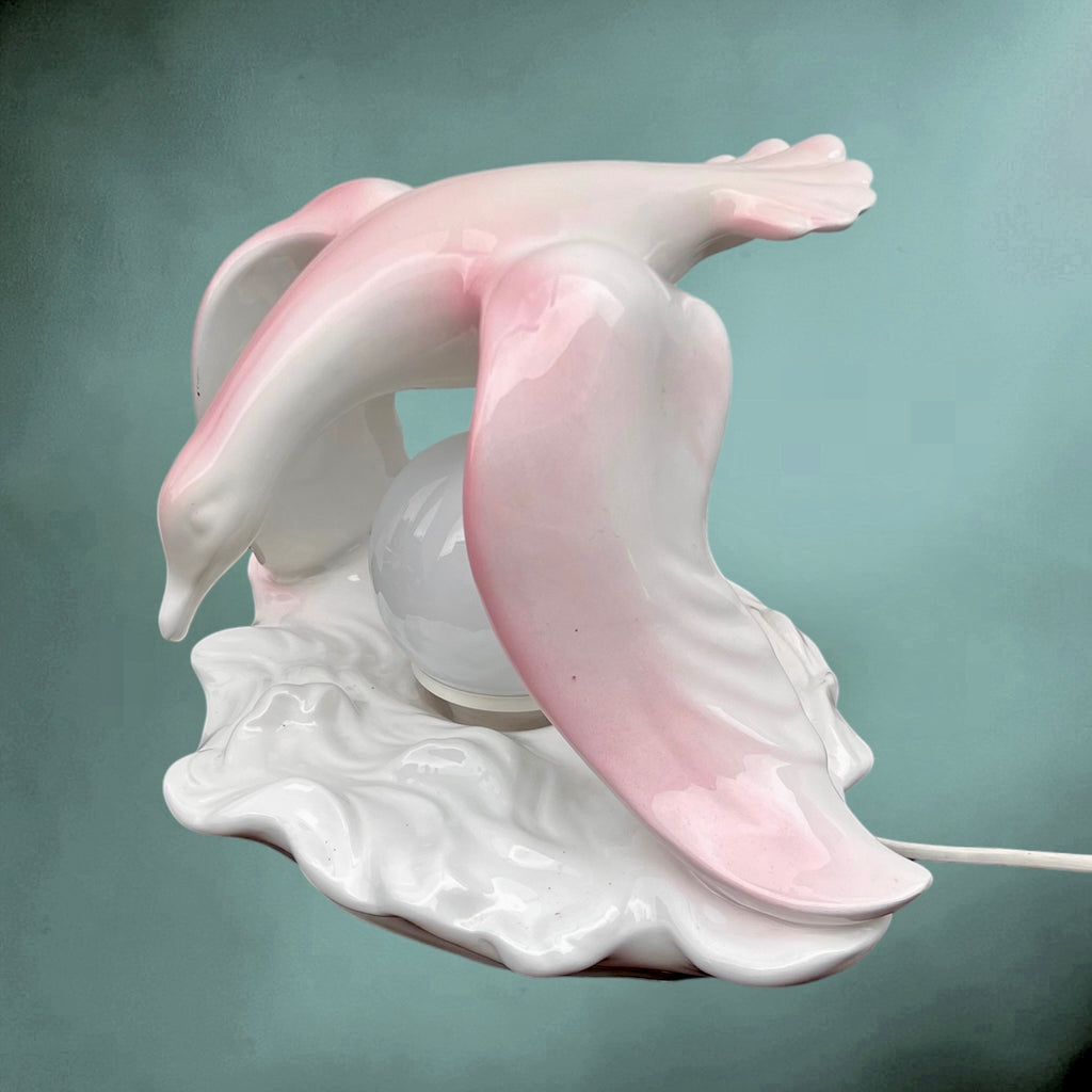 Lampe Mouette En Céramique Vernissée Rose Et Blanche Globe Opalin Années 60 70