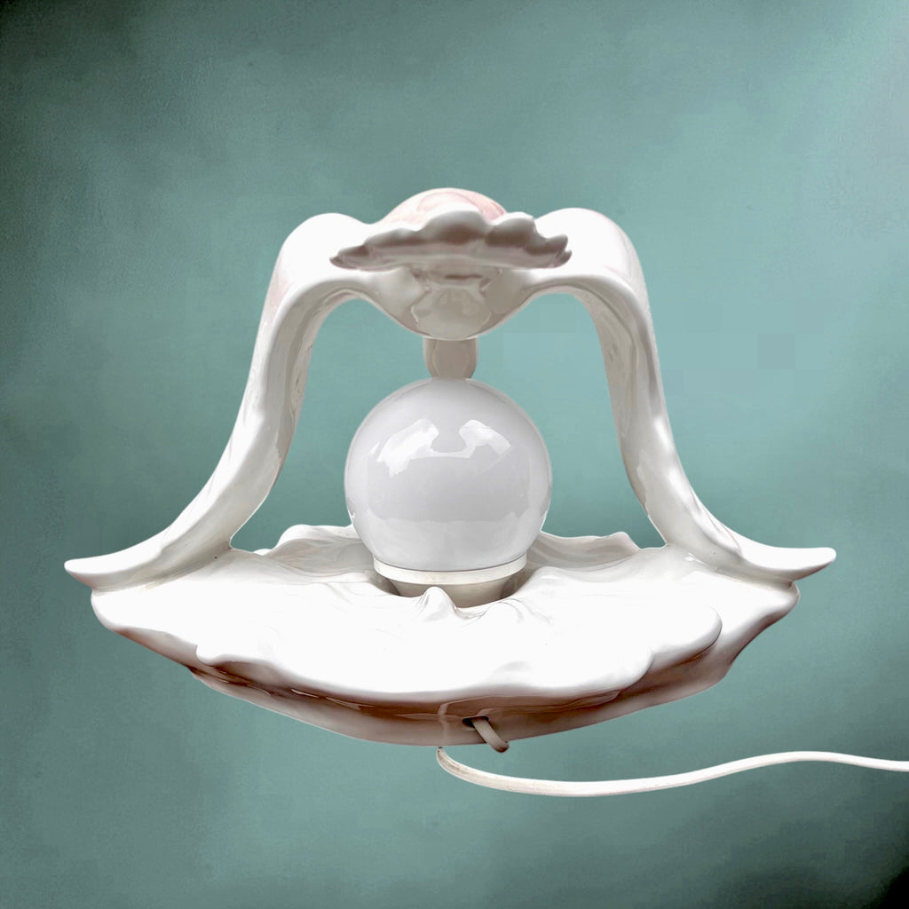 Lampe Mouette En Céramique Vernissée Rose Et Blanche Globe Opalin Années 60 70