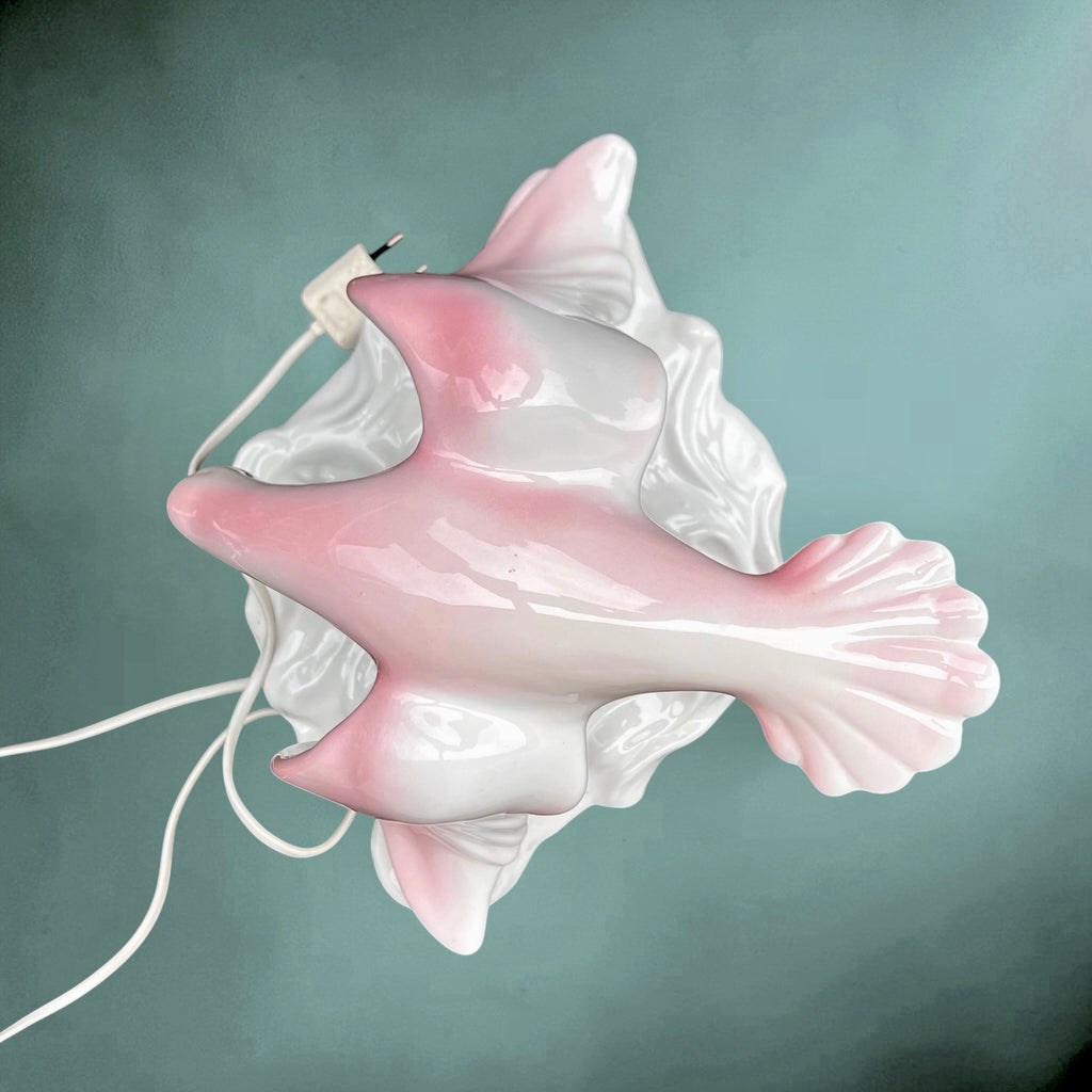Lampe Mouette En Céramique Vernissée Rose Et Blanche Globe Opalin Années 60 70
