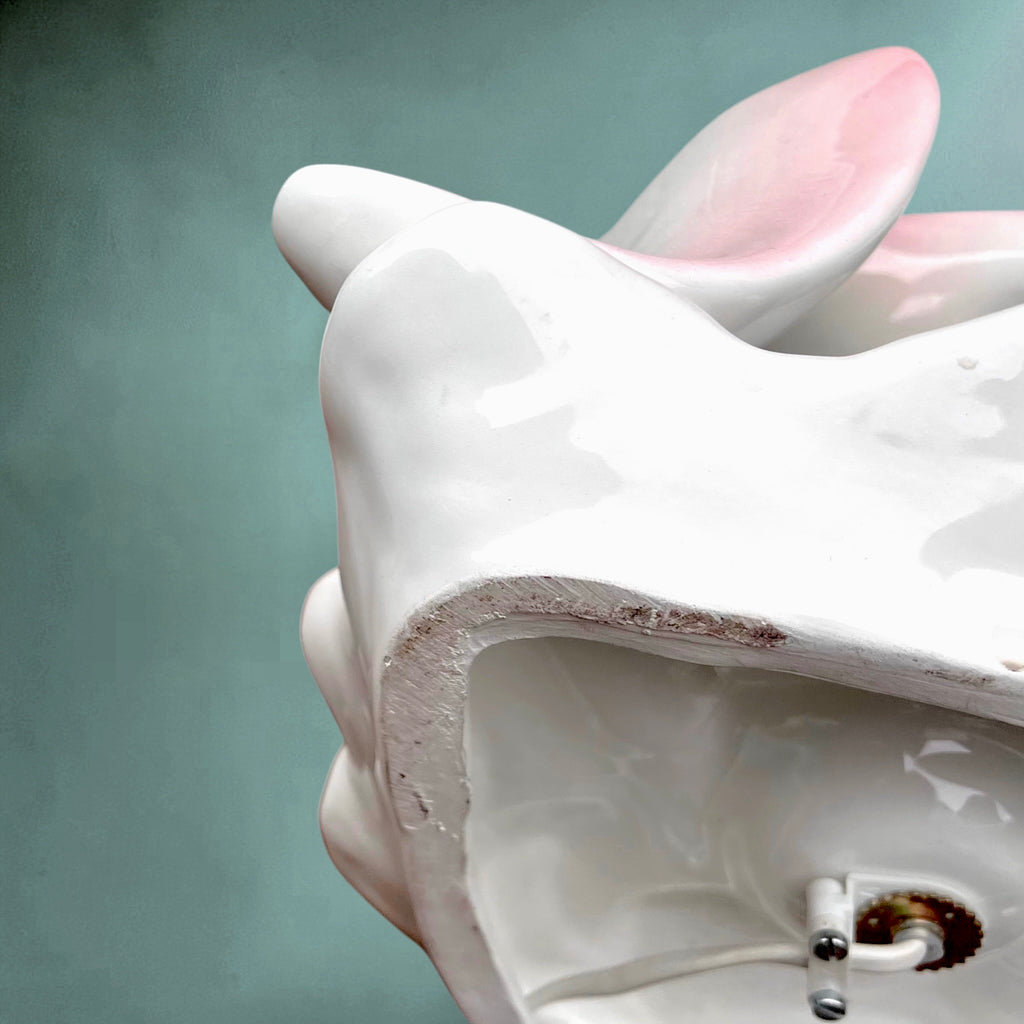 Lampe Mouette En Céramique Vernissée Rose Et Blanche Globe Opalin Années 60 70