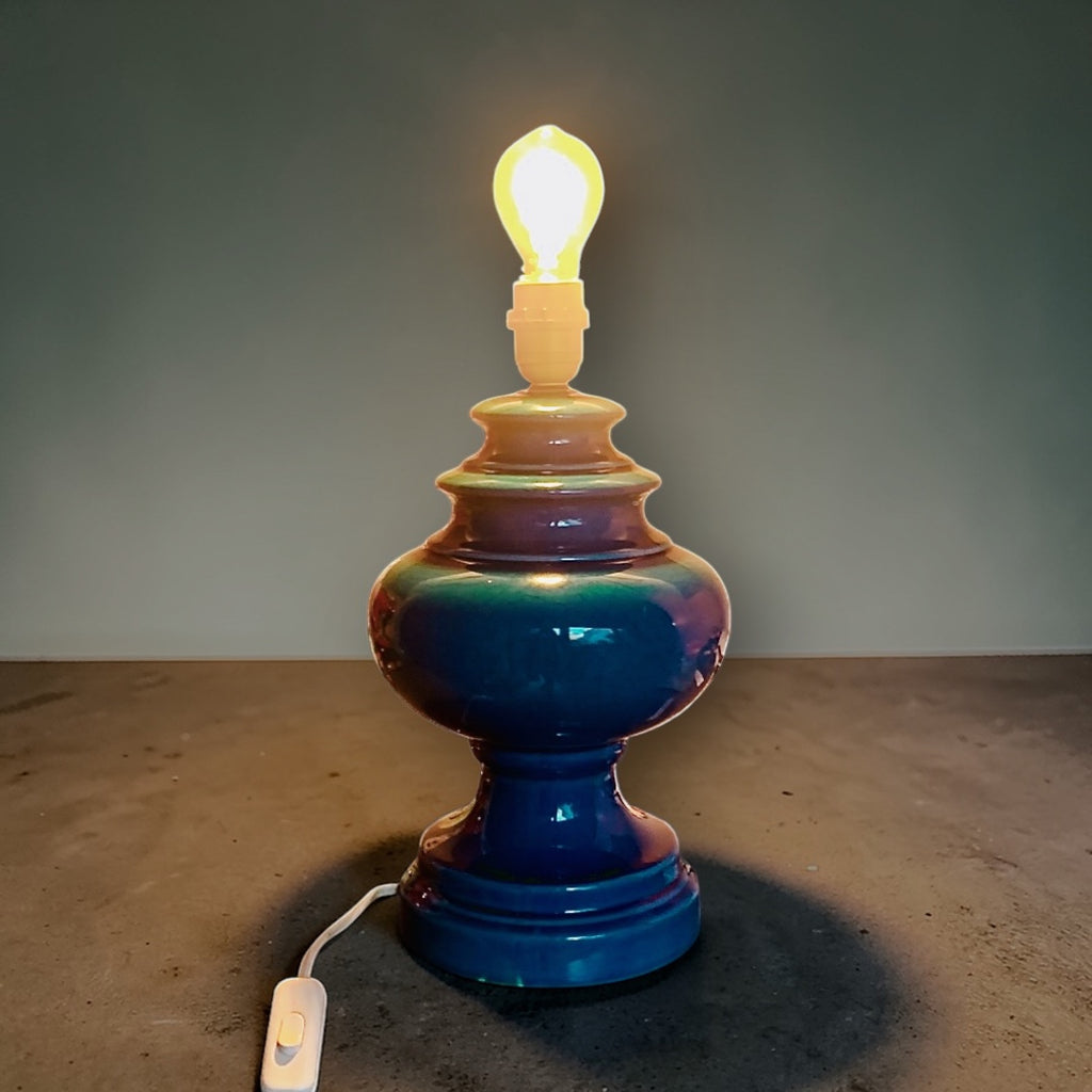 Pied de lampe vintage en céramique bleu canard – Années 60-70