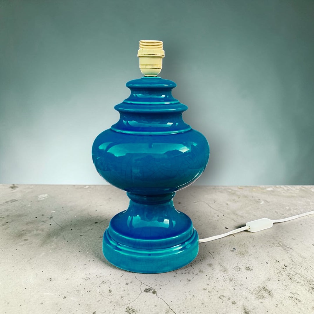 Pied de lampe vintage en céramique bleu canard – Années 60-70