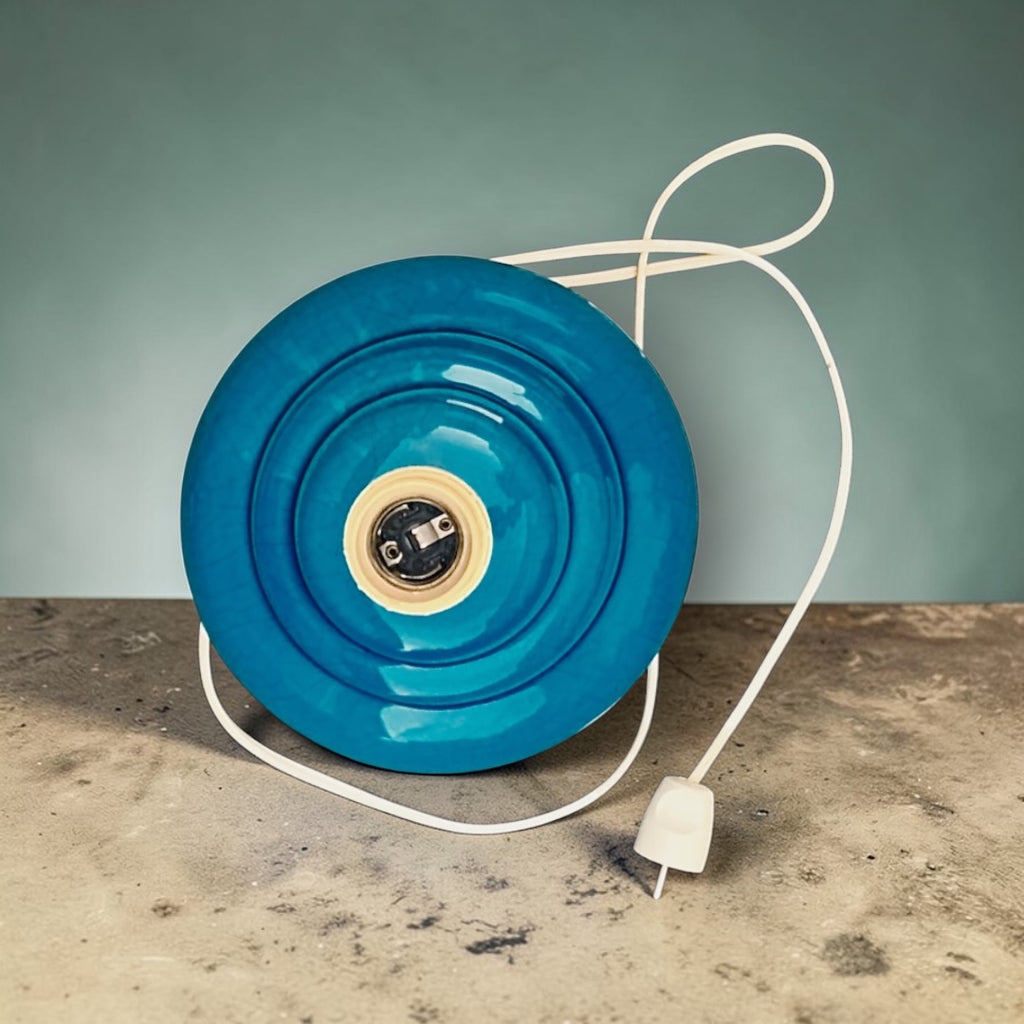 Pied de lampe vintage en céramique bleu canard – Années 60-70
