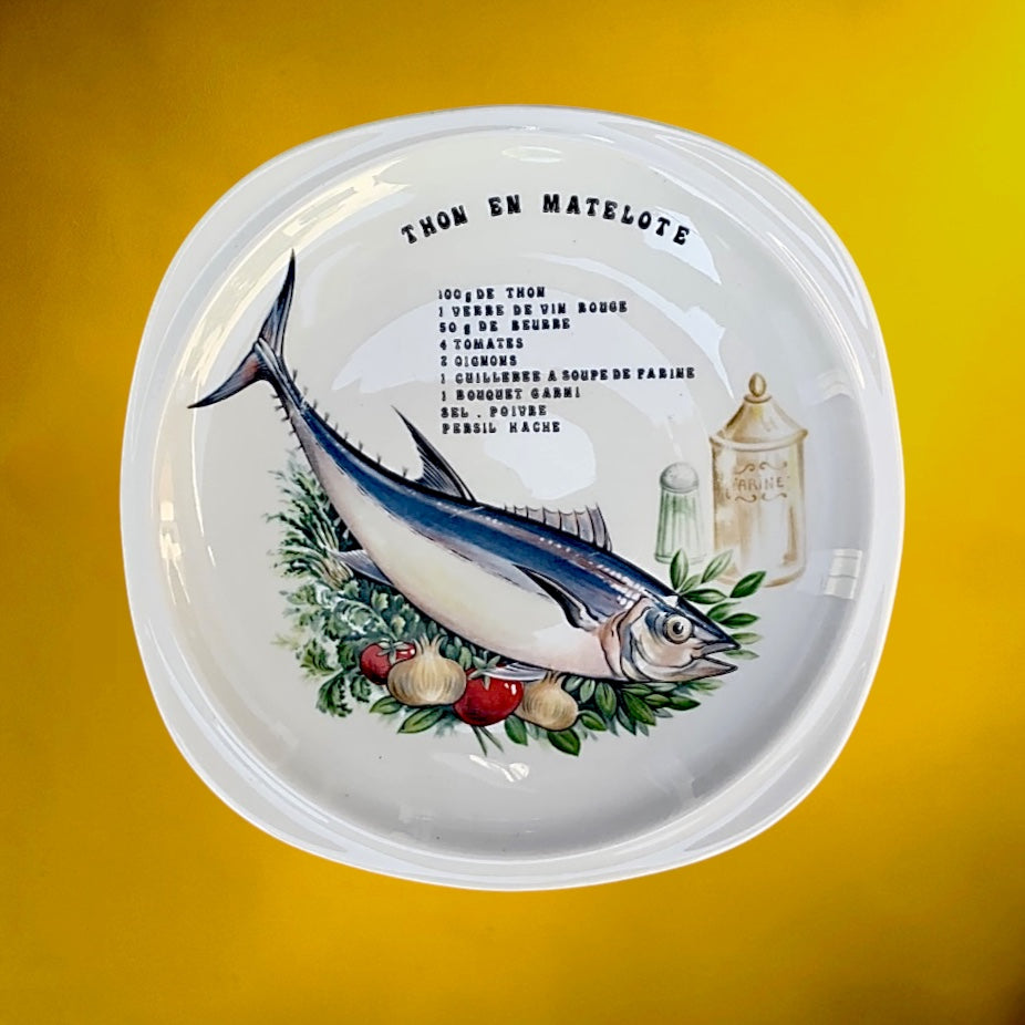 Service de 6 Assiettes Recettes Poissons Lourioux Porcelaine Française - Années 70