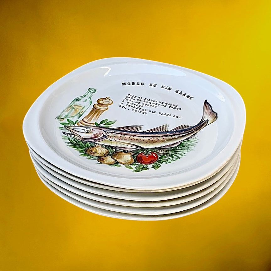 Service de 6 Assiettes Recettes Poissons Lourioux Porcelaine Française - Années 70