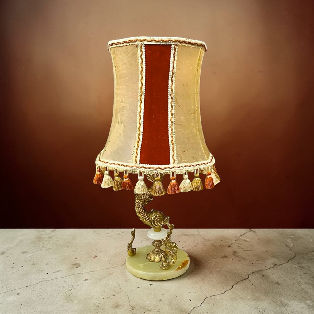 Lampe vintage poisson en laiton doré et onyx – abat-jour en vessie de porc – années 1950