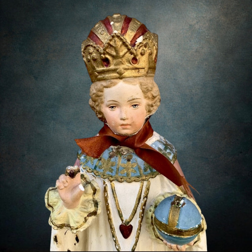 Ancienne Statue Enfant Jésus De Prague En Plâtre Polychrome Peint Main Art Religieux