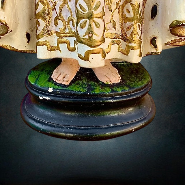 Ancienne Statue Enfant Jésus De Prague En Plâtre Polychrome Peint Main Art Religieux
