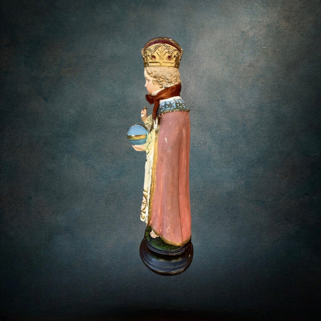 Ancienne Statue Enfant Jésus De Prague En Plâtre Polychrome Peint Main Art Religieux