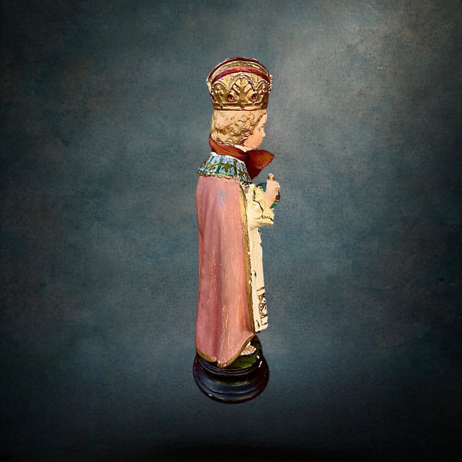 Ancienne Statue Enfant Jésus De Prague En Plâtre Polychrome Peint Main Art Religieux