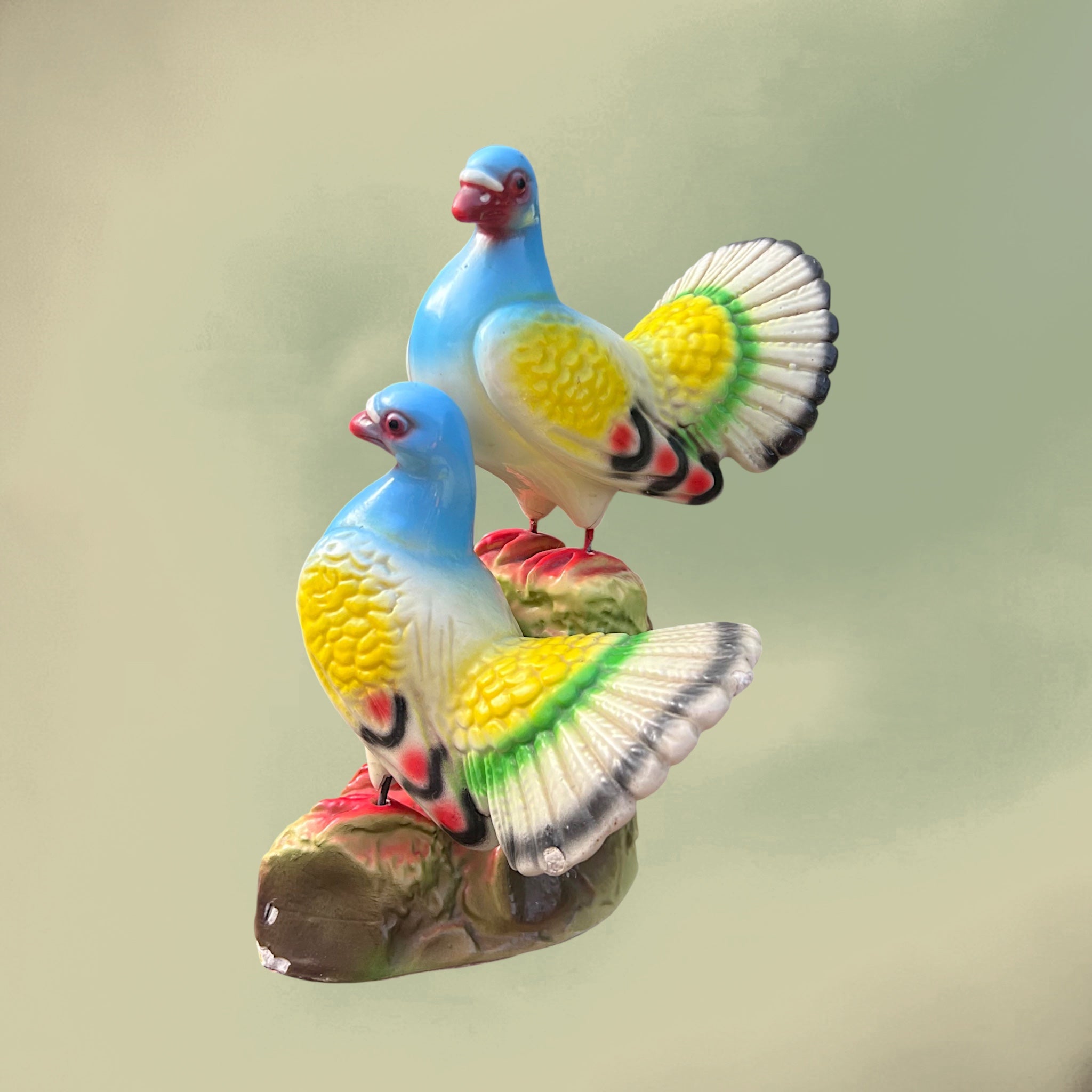 Couple de Pigeons en Plâtre Polychrome Vernissé Kitsch – Années 50