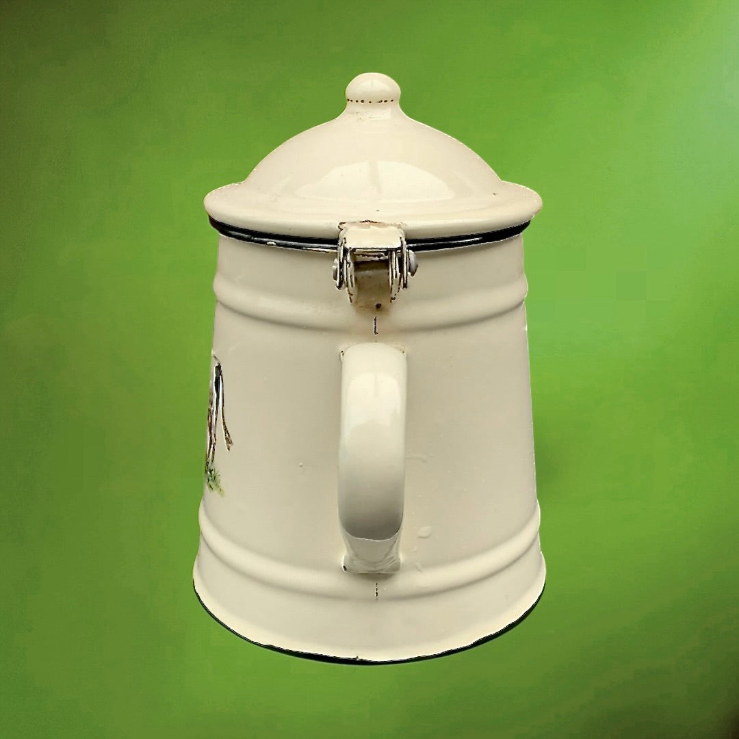 Cafetière ancienne en tôle émaillée blanc crème – décor vache – style rustique vintage