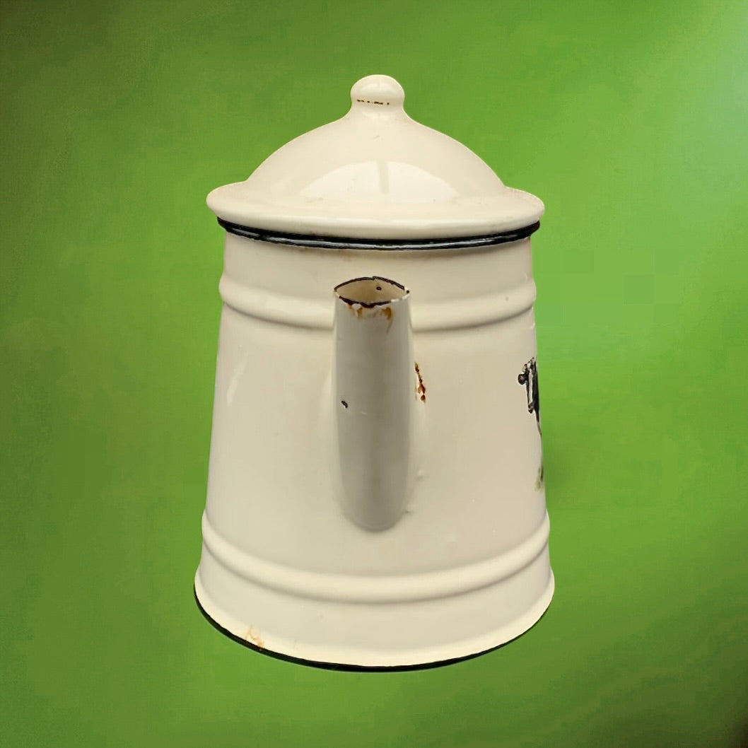 Cafetière ancienne en tôle émaillée blanc crème – décor vache – style rustique vintage