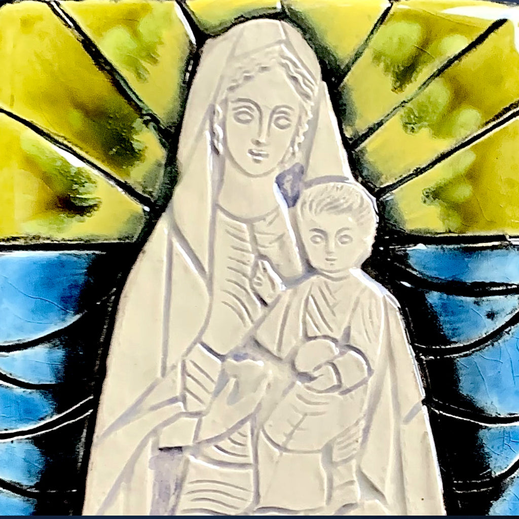 Plaque Murale Vintage en Céramique Émaillée Vierge à l’Enfant Signée Laurences - Années 60-70
