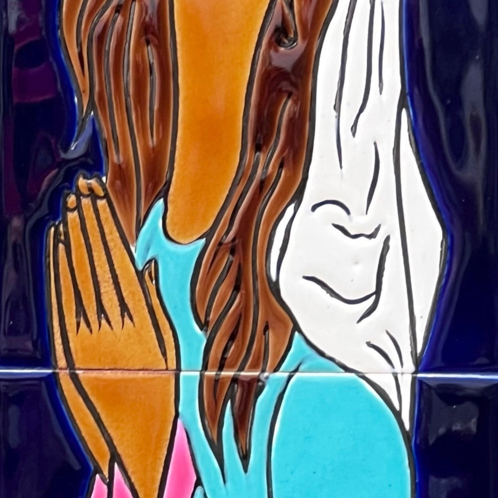 Plaque Murale Vierge en Céramique Émaillée Cadre Bois Peint – Années 60 70