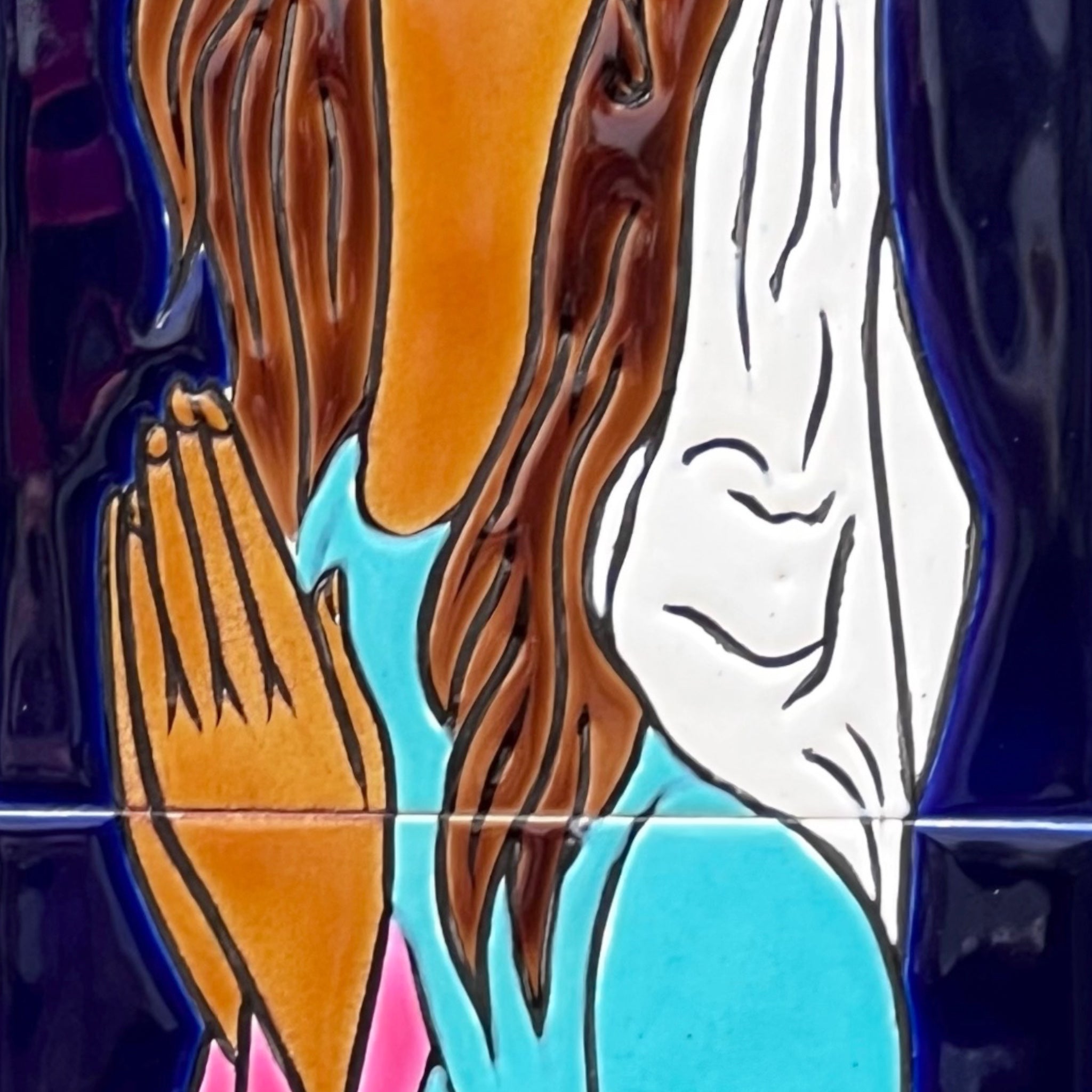 Plaque Murale Vierge en Céramique Émaillée Cadre Bois Peint – Années 60 70