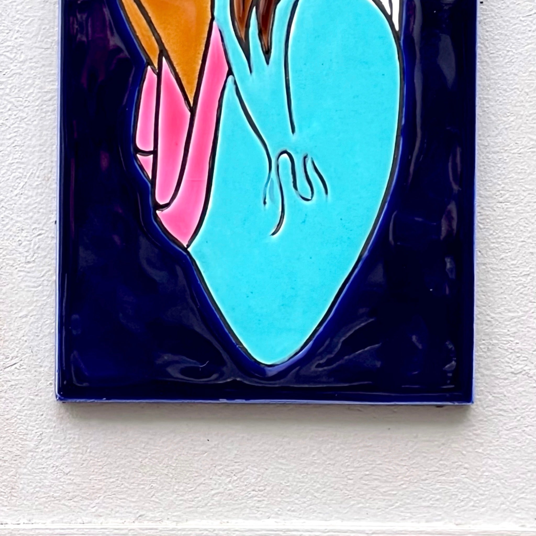 Plaque Murale Vierge en Céramique Émaillée Cadre Bois Peint – Années 60 70