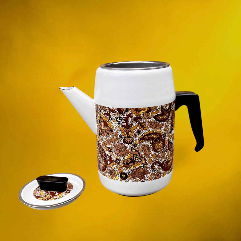 Cafetière Émaillée à Décor Cachemire Filtre Inox et Bakélite – Années 70