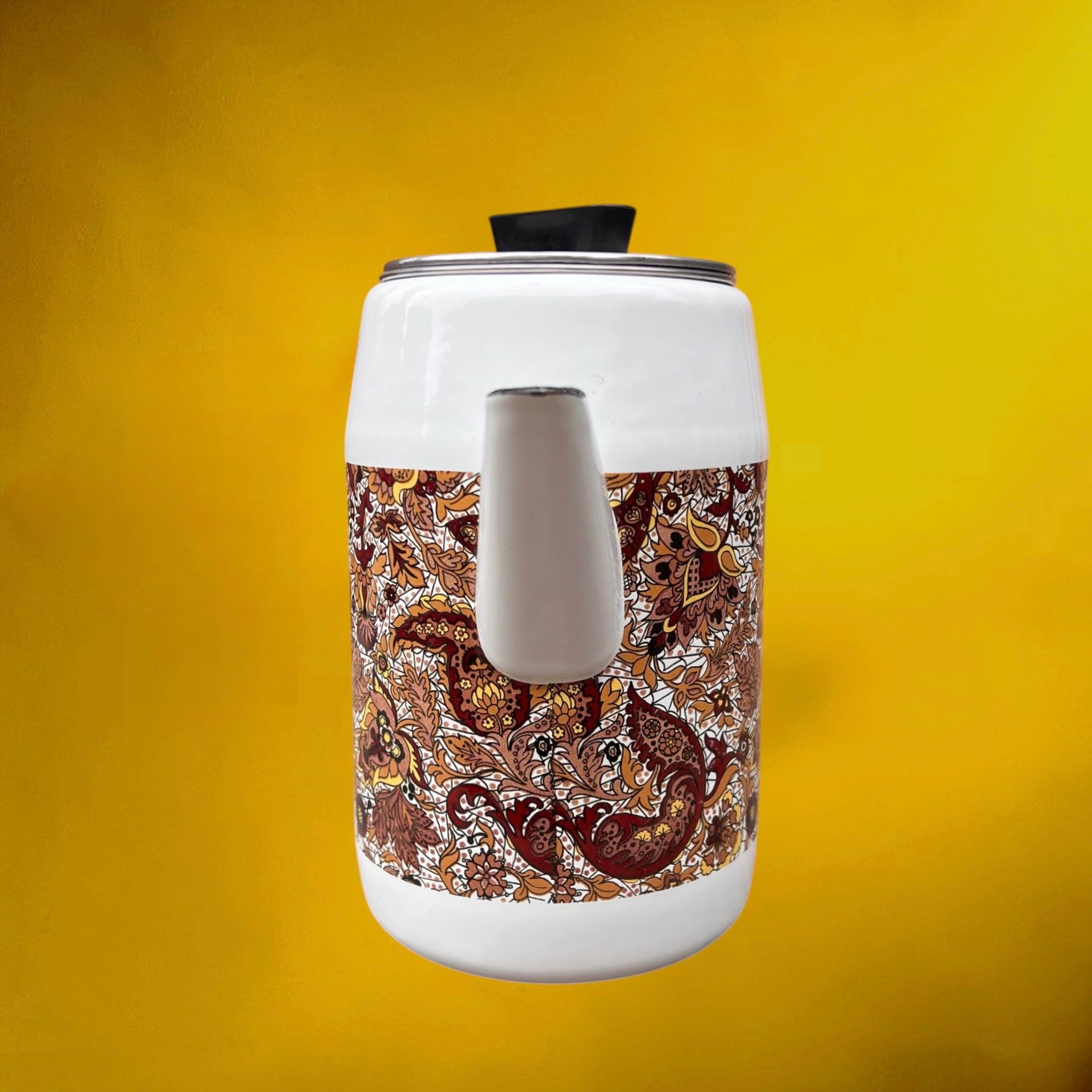 Cafetière Émaillée à Décor Cachemire Filtre Inox et Bakélite – Années 70