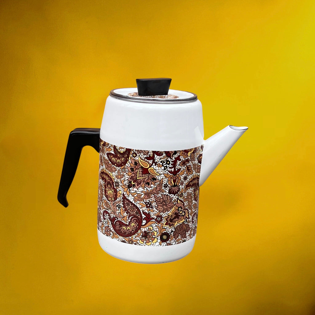 Cafetière Émaillée à Décor Cachemire Filtre Inox et Bakélite – Années 70