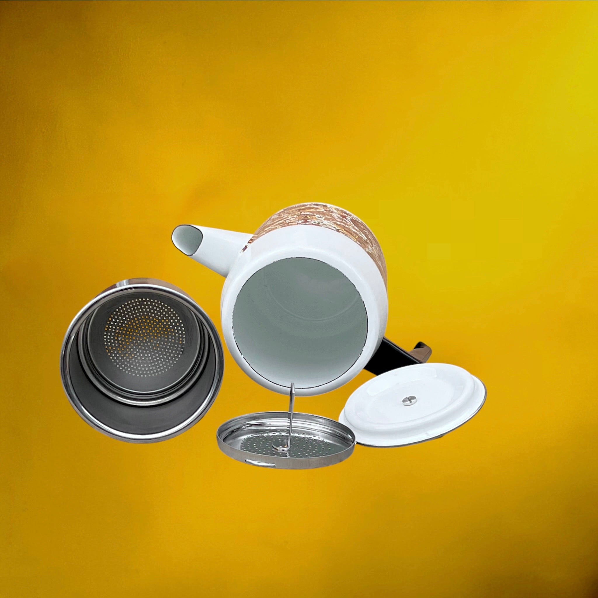 Cafetière Émaillée à Décor Cachemire Filtre Inox et Bakélite – Années 70