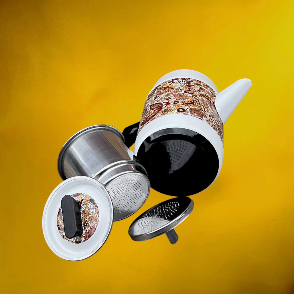 Cafetière Émaillée à Décor Cachemire Filtre Inox et Bakélite – Années 70