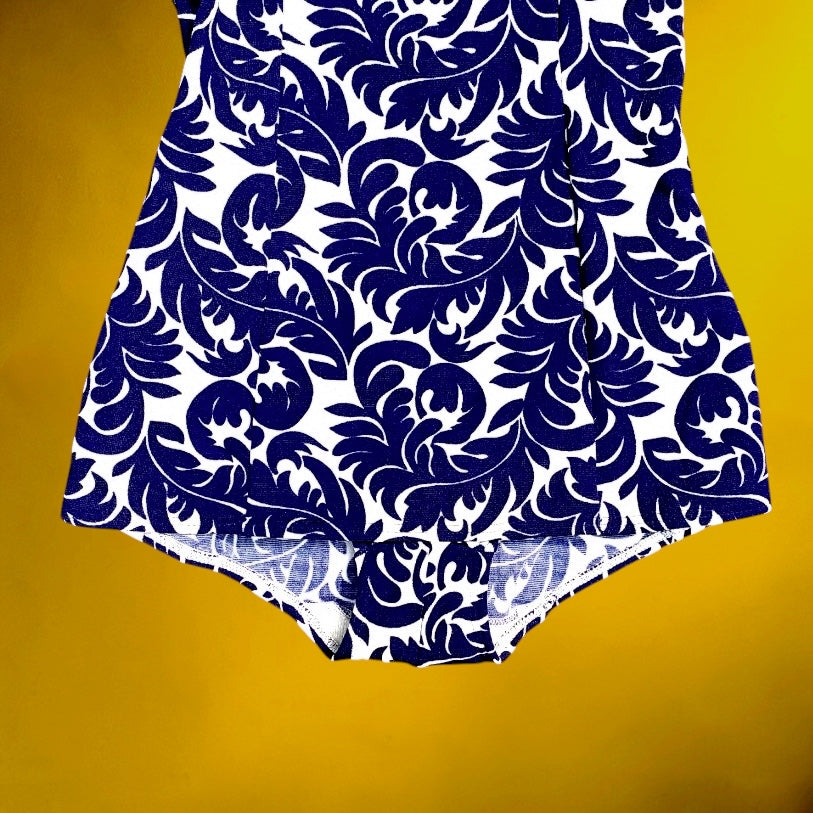 Maillot de Bain Vintage Une Pièce Bleu et Blanc Motif Baroque – Made in Italy Années 60